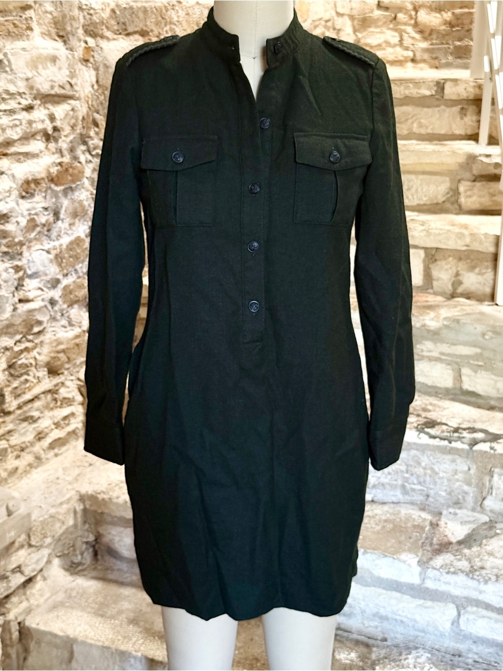 Banana Republic - Wool Military Style Dark Green Long Sleeve Dress with Pockets